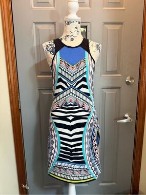 Express Multicolor Geometric Zebra-Print Mini Dress - Blue/Black (M)